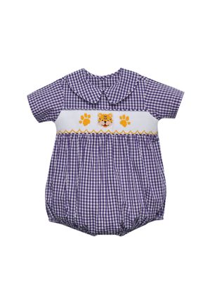 Purple Gingham Smocked Boys Bubble, Tiger/Paw