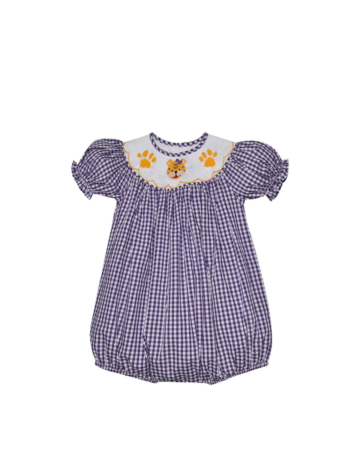 Purple Gingham Smocked Girl Bubble, Tiger/Paw   