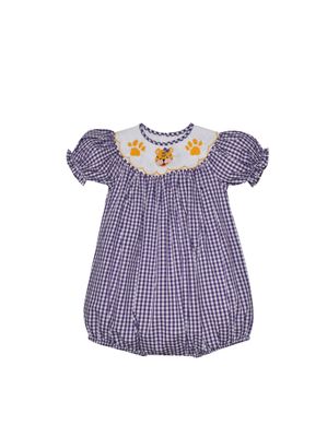Purple Gingham Smocked Girl Bubble, Tiger/Paw   