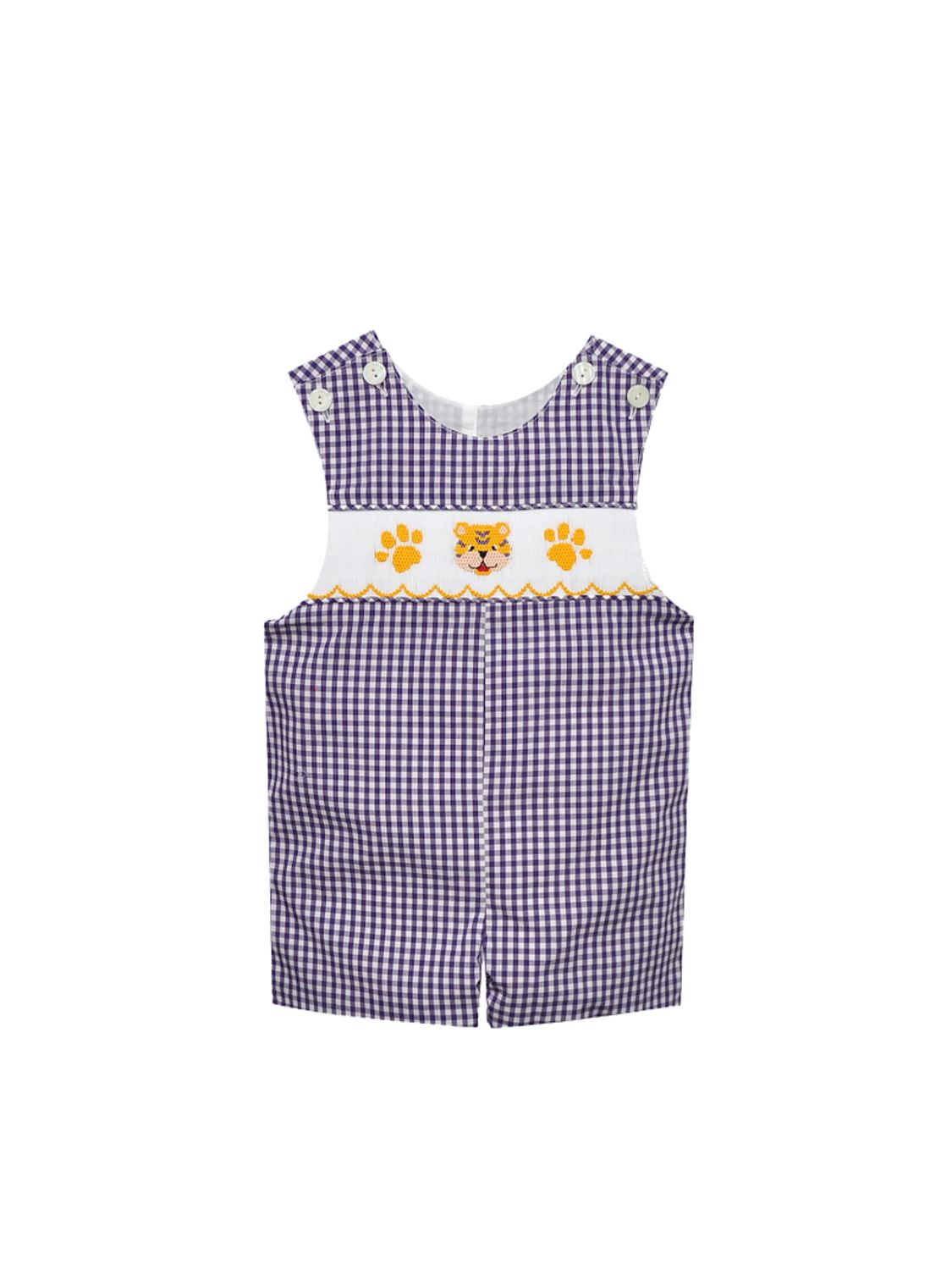 Purple Gingham Smocked Jon Jon, Tiger/Paw