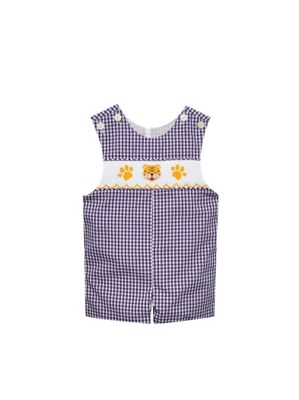 Purple Gingham Smocked Jon Jon, Tiger/Paw