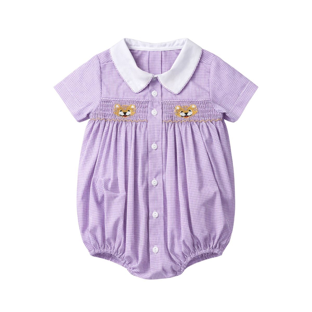 Miller Smocked Bubble, Purple Gingham Tiger