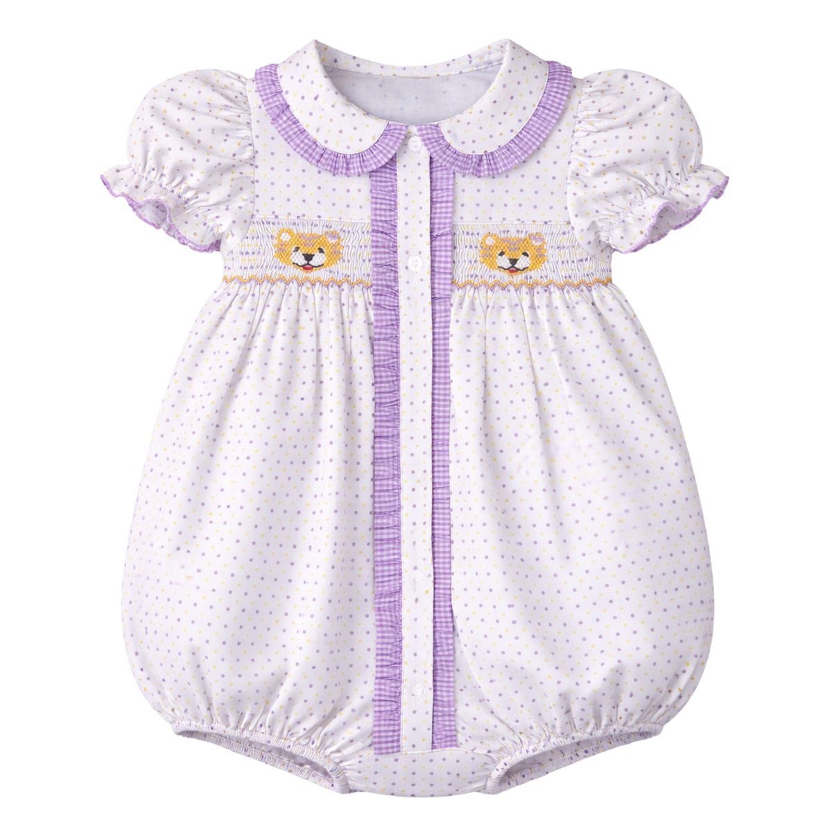 Ruby Smocked Bubble, Purple Bitty Dot Tiger