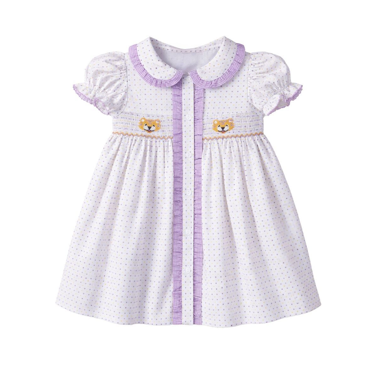 Ruby Smocked Dress, Purple Bitty Dot Tiger