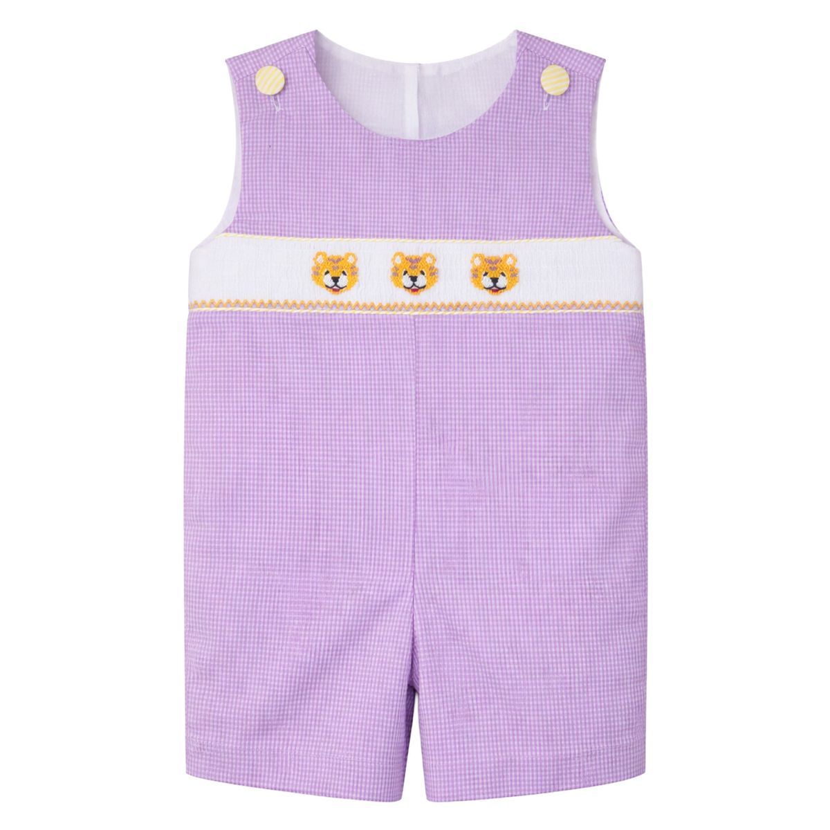 Ethan Smocked Jon Jon, Purple Gingham Tiger