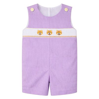 Ethan Smocked Jon Jon, Purple Gingham Tiger