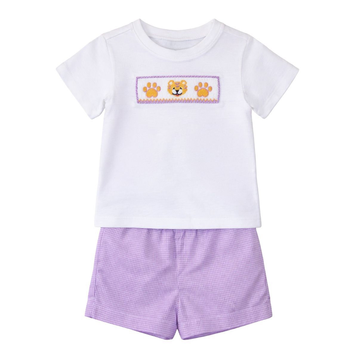 Ollie Smocked Short Set, Purple Gingham Tiger