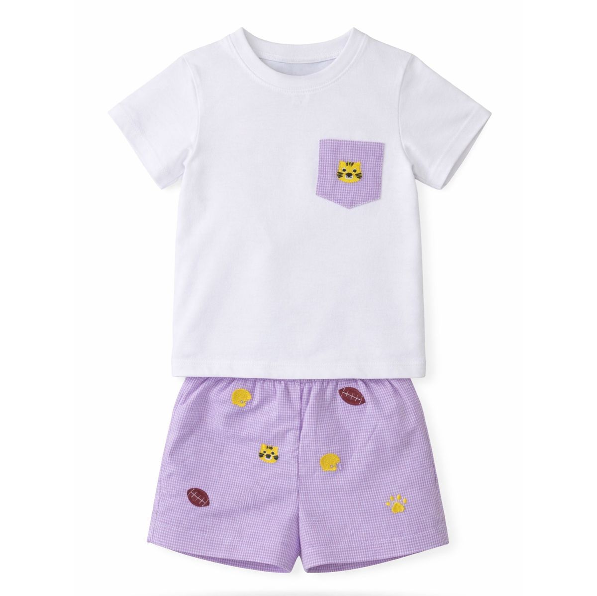 Stephen Pocket Short Set, All Over Embroidery Purple Tigers