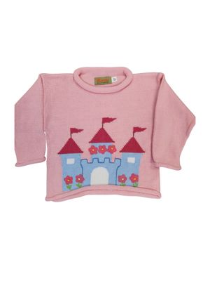Light Pink Rolled Neck Sweater, Castle with Flowers