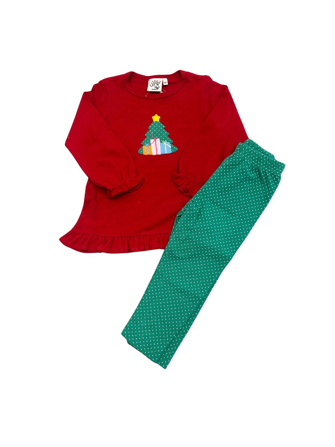 Red Ruffle Swing Top, X-mas Tree w/ Presents Legging Set