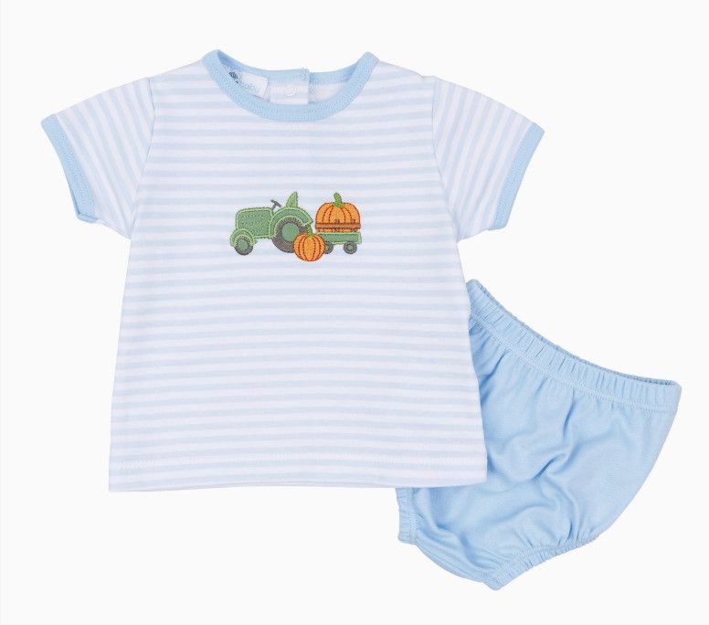 Pumpkin Tractor Applique Diaper Set, Blue