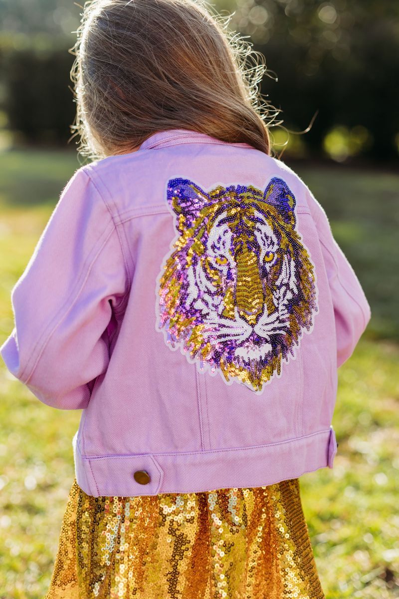 Sequin Tiger Face Lavender Denim Jacket