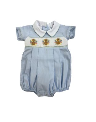 Smocked Turkey Bubble with Collar, Blue