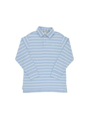 Prim and Proper Polo LS- Sarasota Sky /Old Greenwich Green Stripe