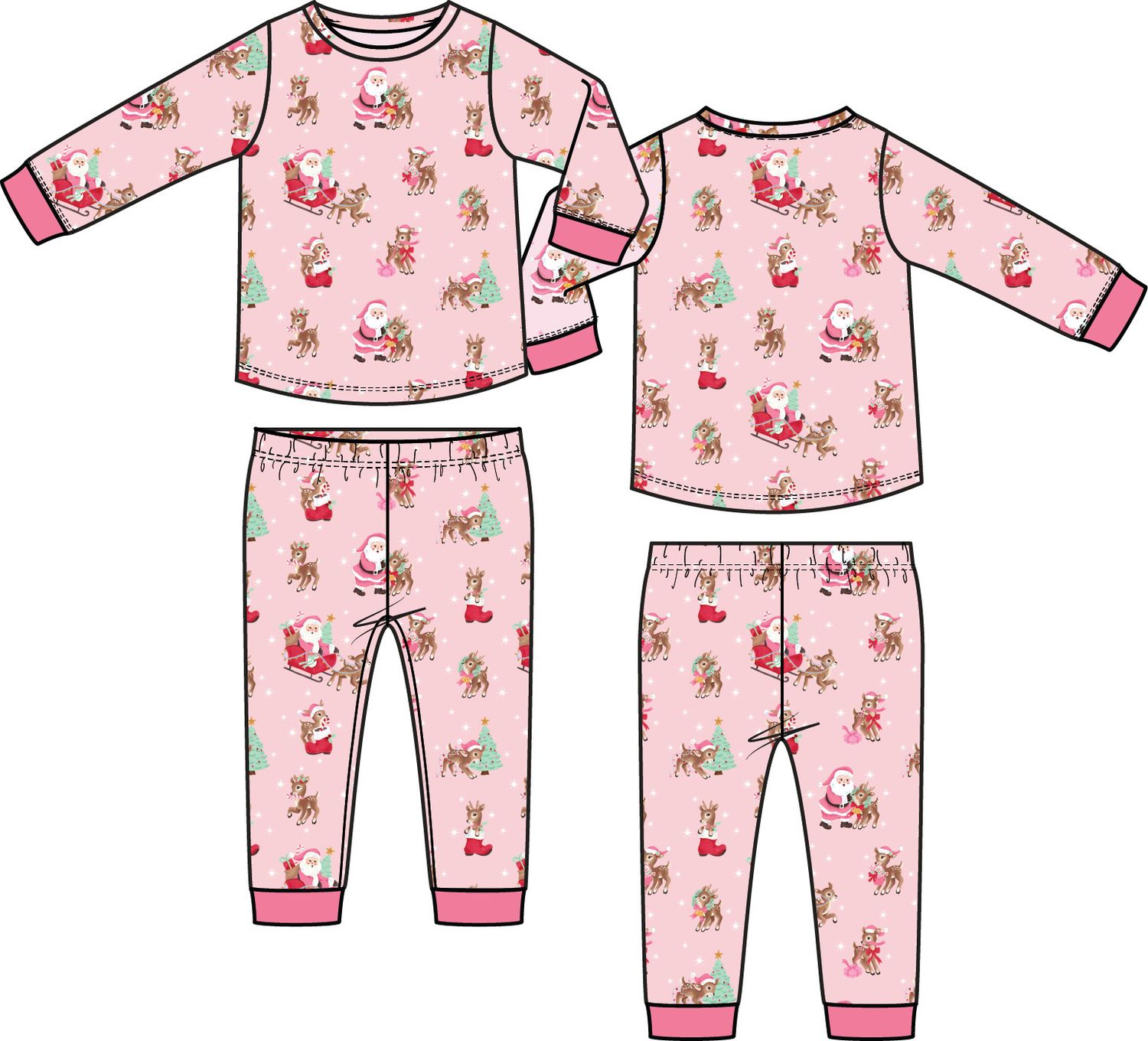 Vintage Reindeer &amp; Santa Pink - Long Sleeve Loungewear Set