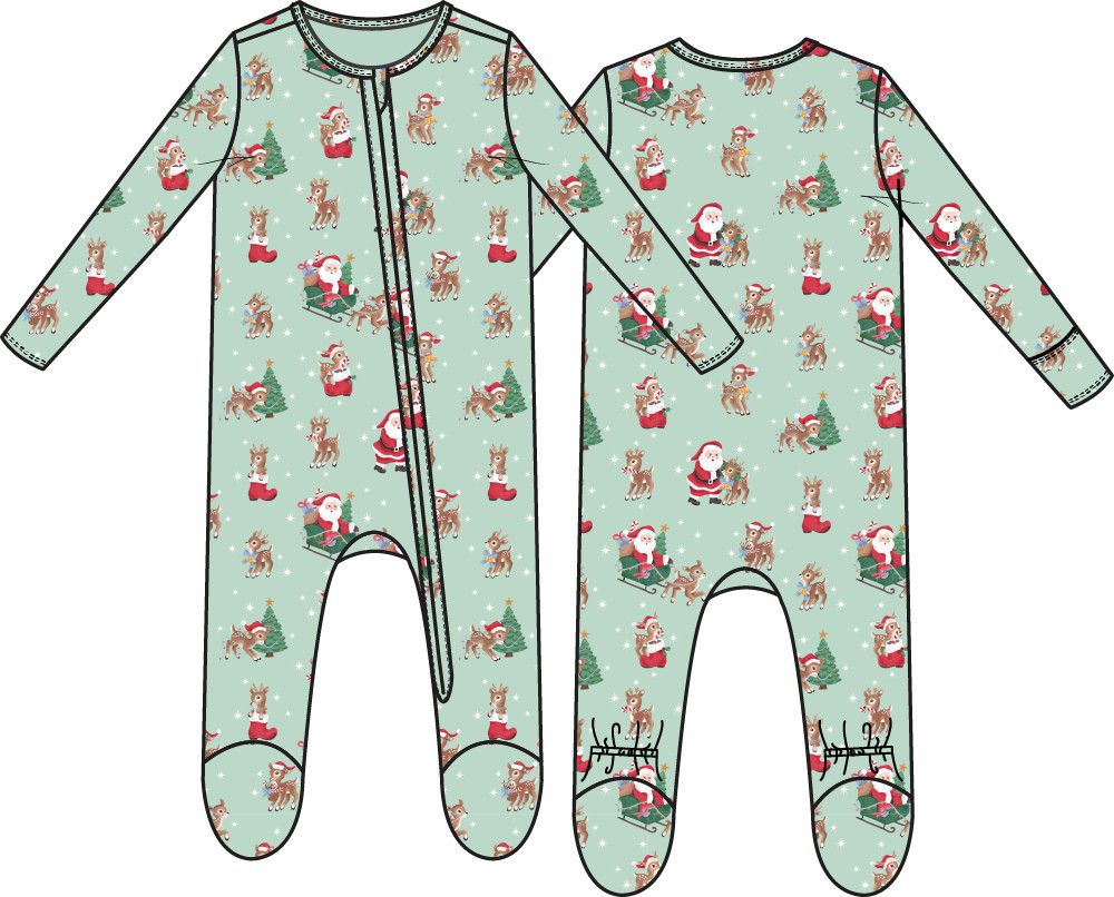 Vintage Reindeer &amp; Santa Uni - 2 Way Zipper Footie