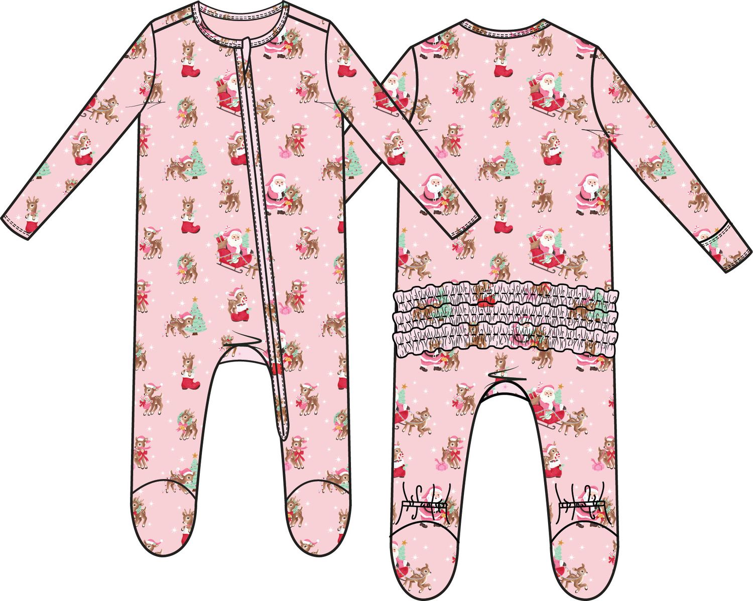 Vintage Reindeer &amp; Santa Pink - 2 Way Ruffle Back Zipper Footie