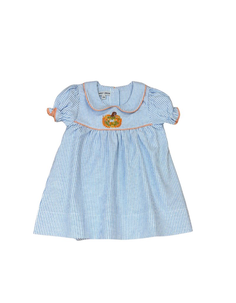 Blue Stripe Dress, Emb Pumpkin