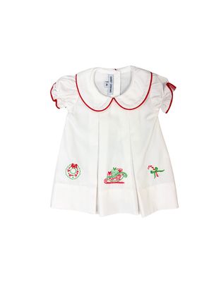Christmas Emb White Pleated Dress