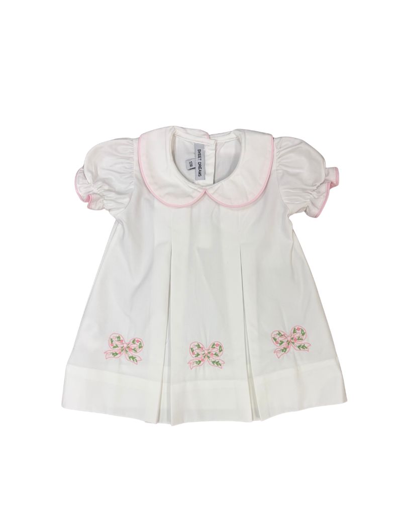 Bow Emb White Pleated Dress