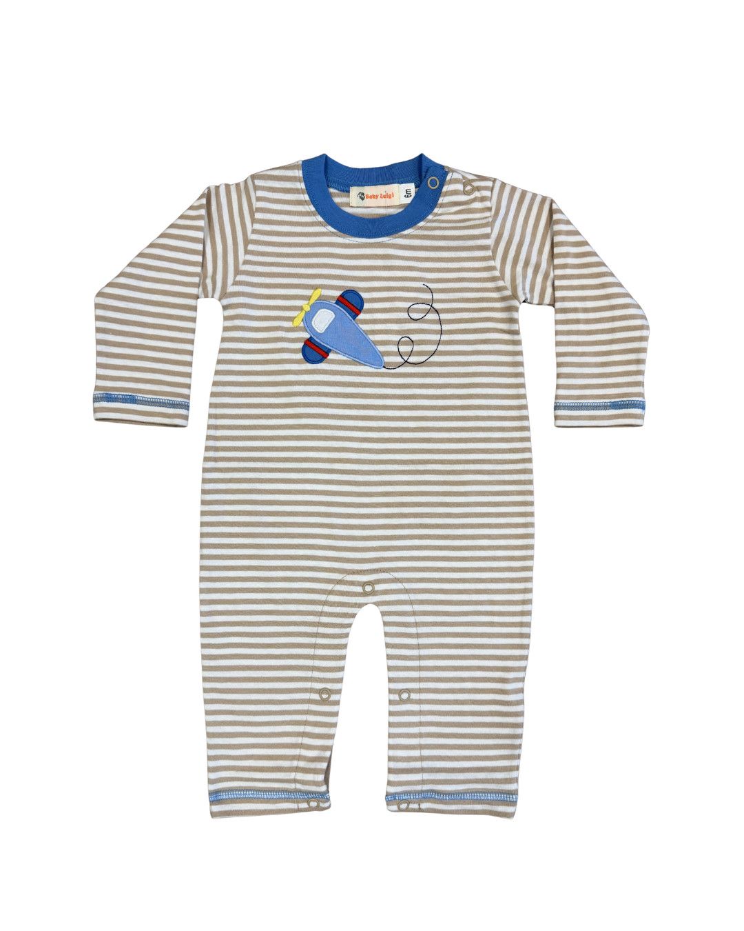 White/Tan Stripe LS Romper, Airplanes