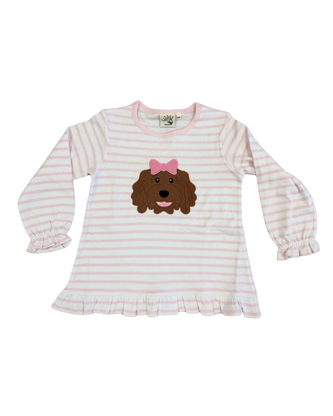White/Pink Stripe LS Girl Ruffle Tee, Doodle