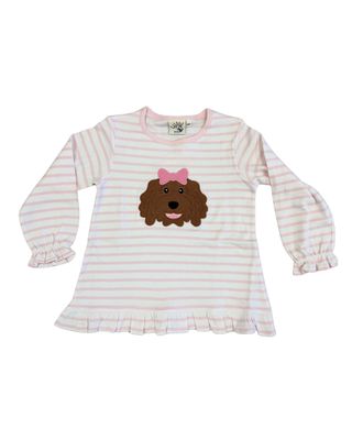 White/Pink Stripe LS Girl Ruffle Tee, Doodle