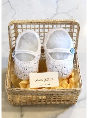 White Mary Jane Crocheted Booties in Basket