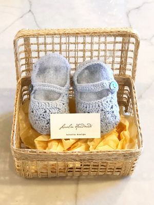 Light Blue Mary Jane Crochet Bootie in Basket