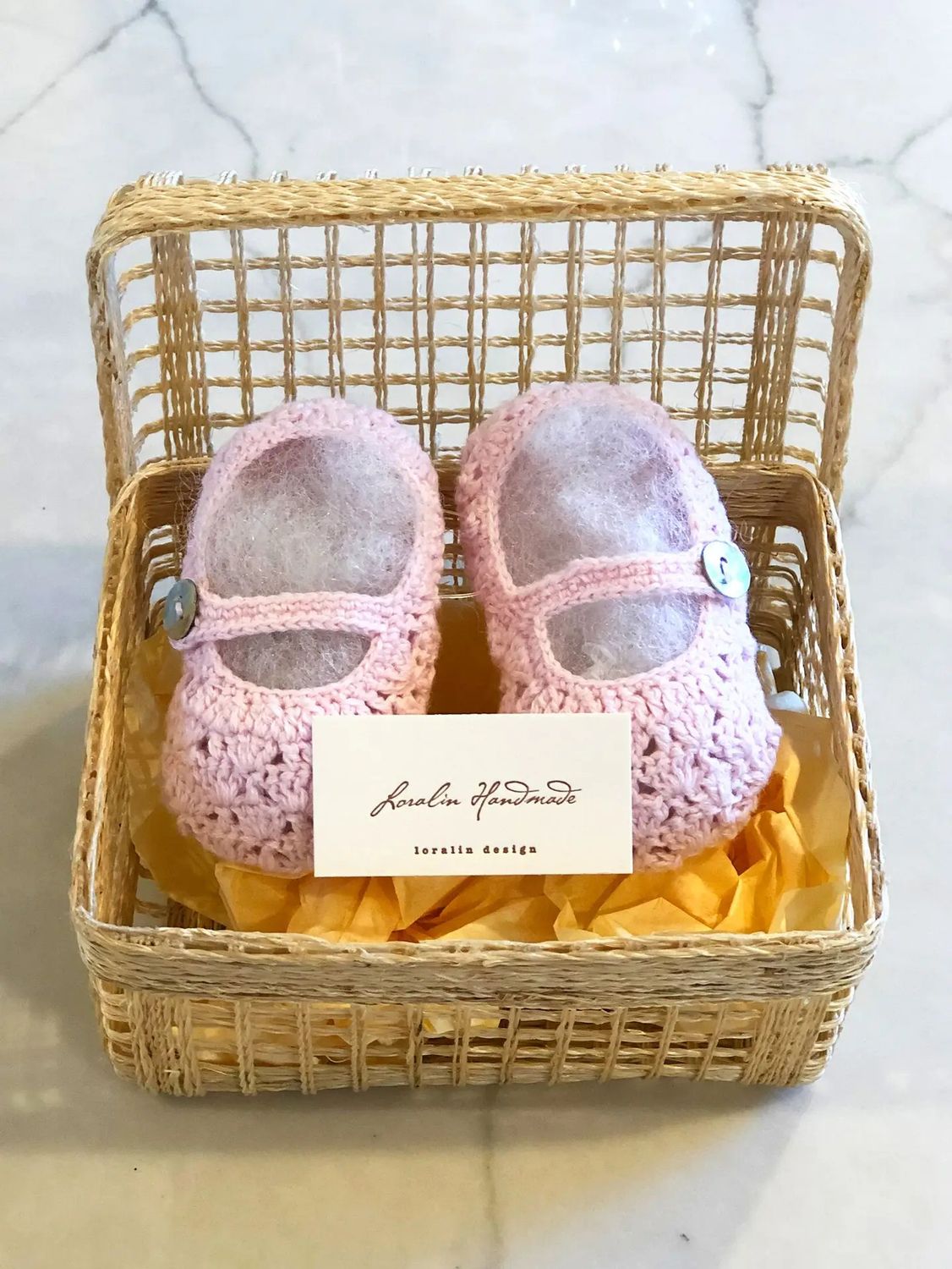 Pink Mary Jane Crocheted Booties in Basket