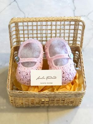 Pink Mary Jane Crocheted Booties in Basket