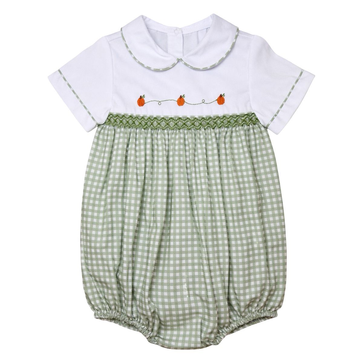 Cade Smocked SS Boys Bubble, Sage Pumpkins