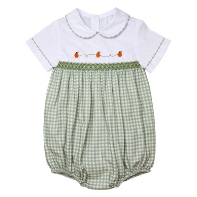 Cade Smocked SS Boys Bubble, Sage Pumpkins