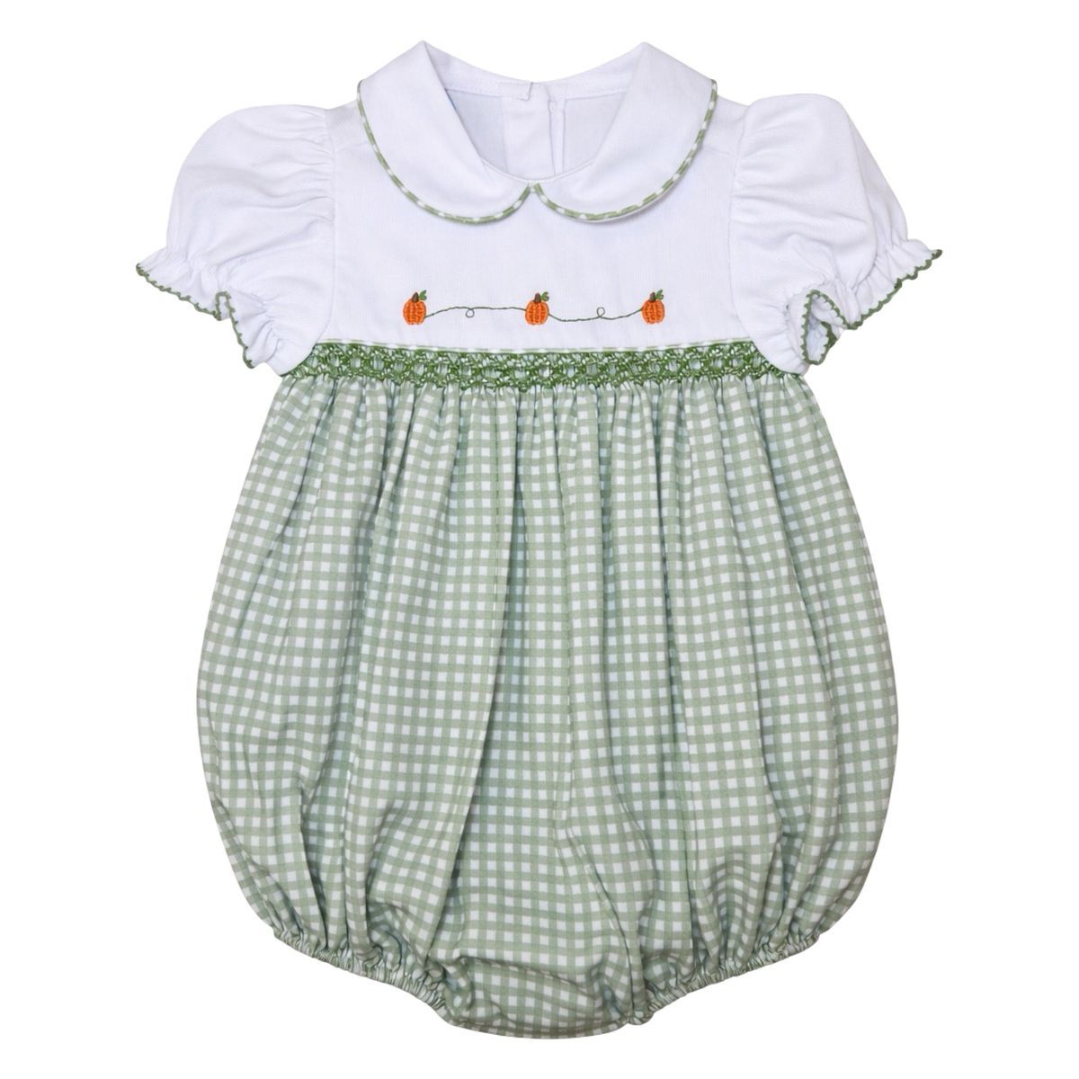 Cora Smocked SS Bubble, Sage Pumpkins