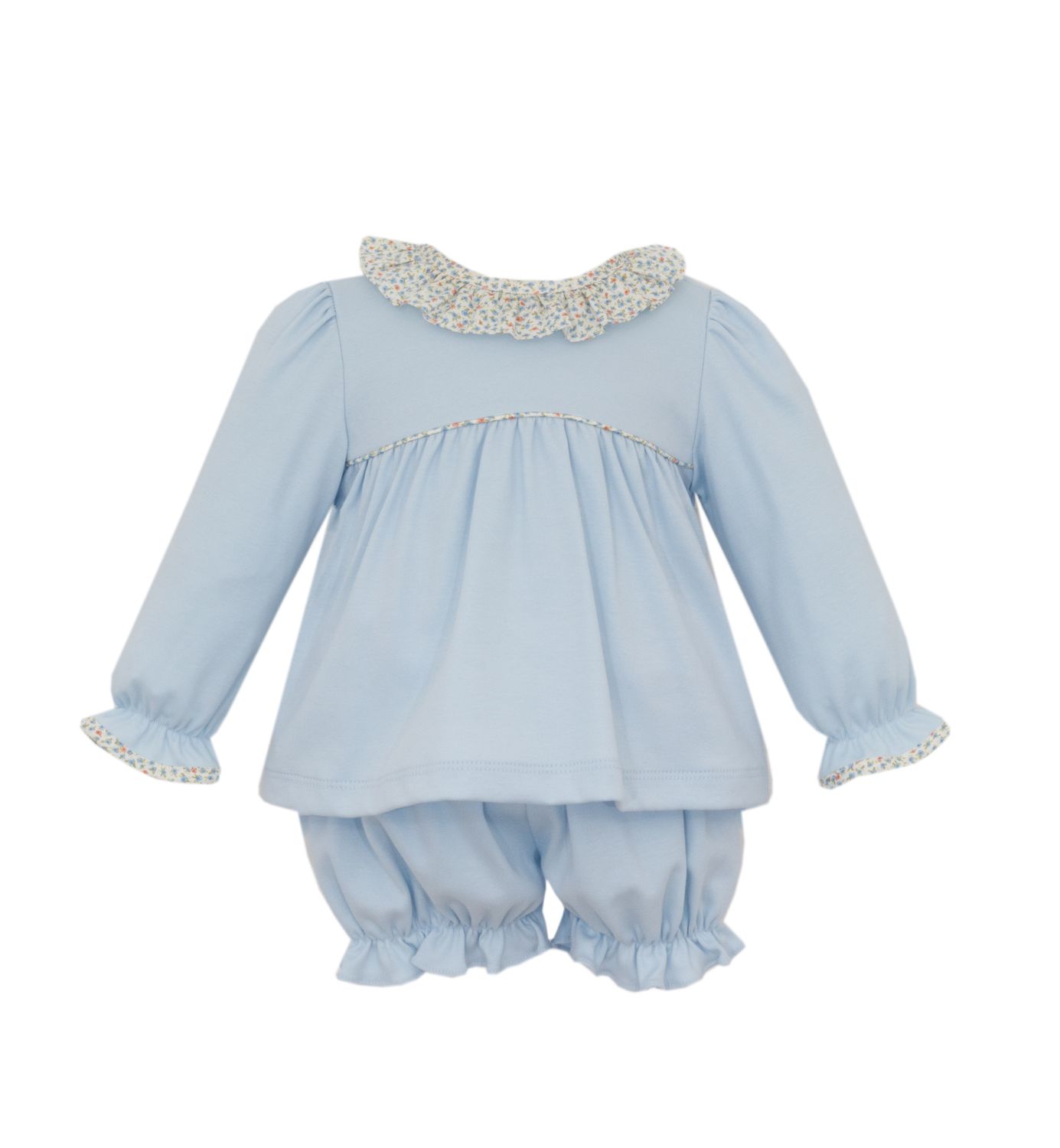 Lt Blue Knit Set w/ Orange Print Ruffle Collar