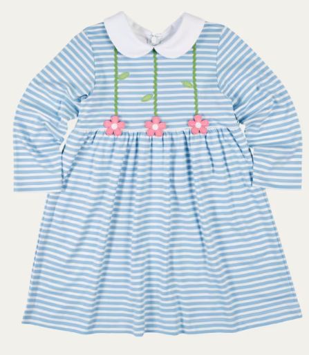 Blue Stripe Knit Dress With Flowers