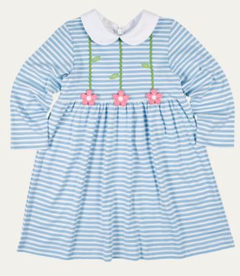 Blue Stripe Knit Dress With Flowers