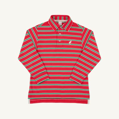 Striped Prim and Proper Polo LS, Richmond Red/ Kiawah Kelly 