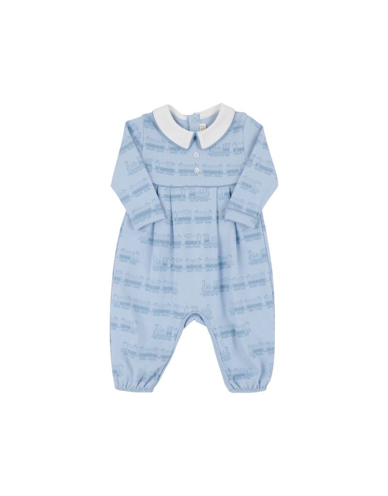 LS Bradford Romper, Blue Choo Choos