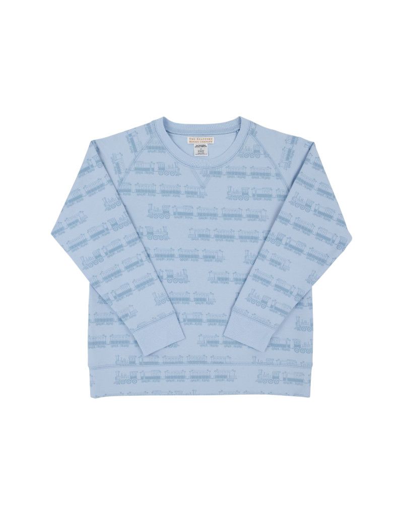 Cassidy Comfy Crewneck, Blue Choo Choos