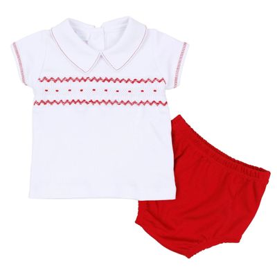Miles Red Smocked SS Diaper Cover Set 