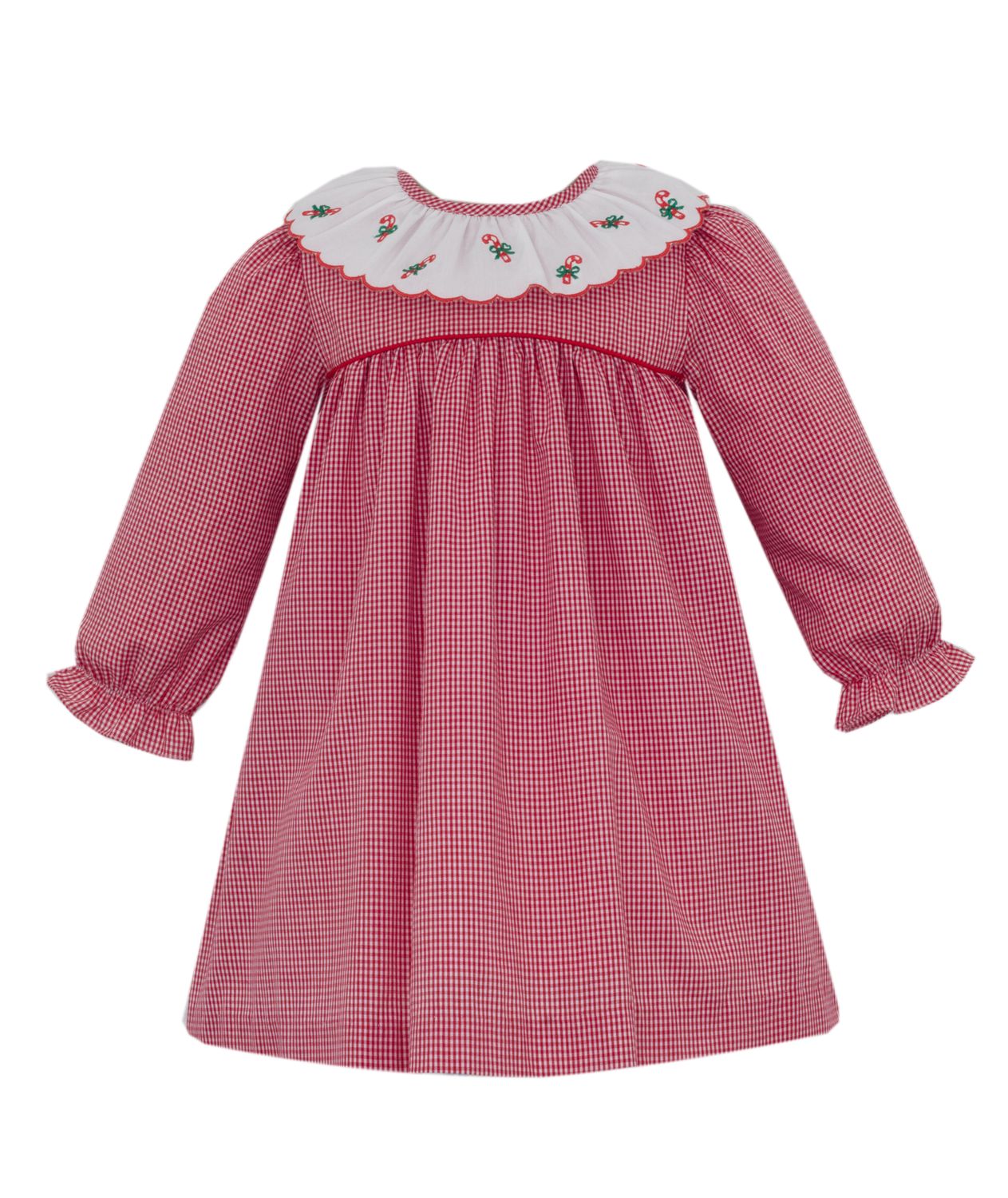 Emb Candy Canes Red Gingham Collared Dress