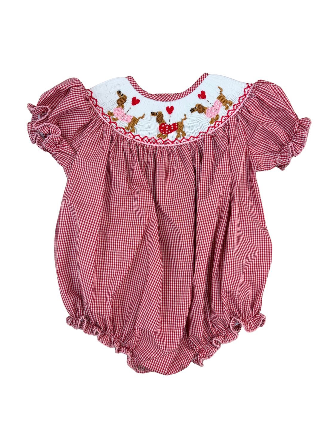 Red Gingham Smock Emmie Bubble, Valentine Puppy