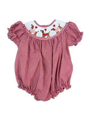 Red Gingham Smock Emmie Bubble, Valentine Puppy