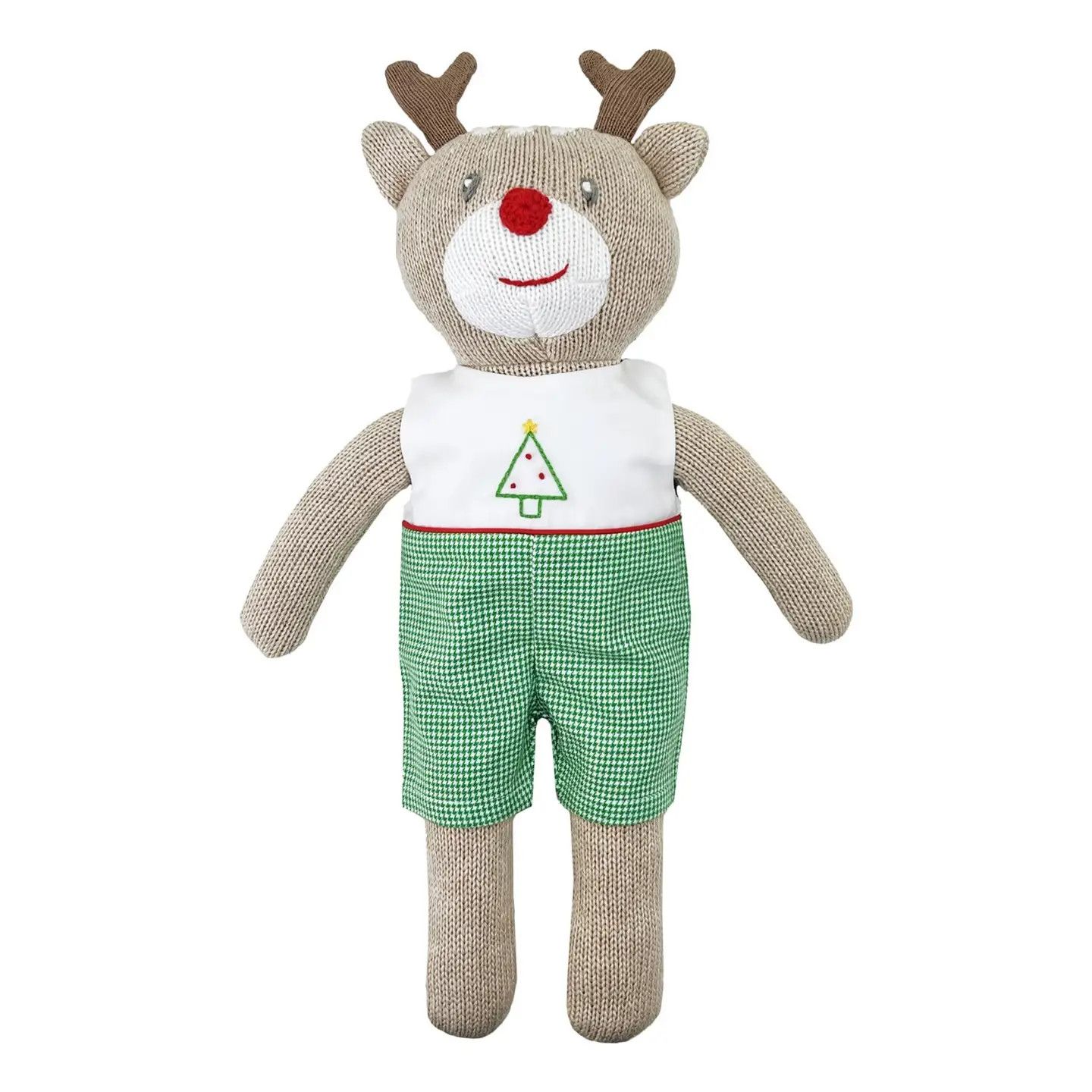 Reindeer Knit Doll with Embr Green Check Romper