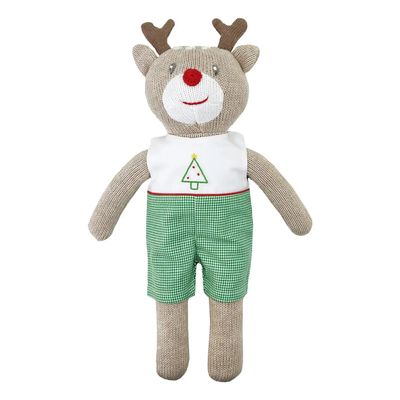 Reindeer Knit Doll with Embr Green Check Romper