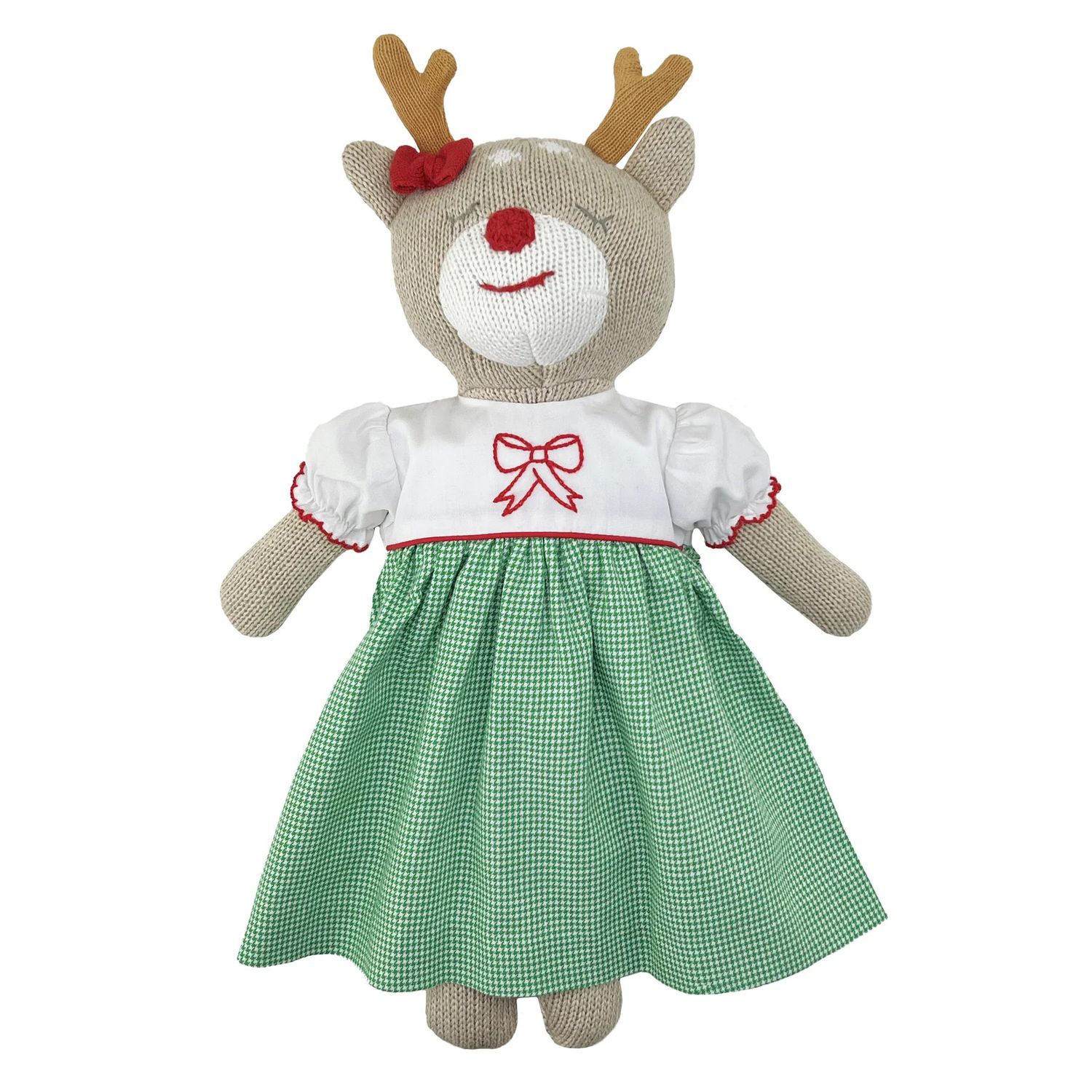 Reindeer Knit Doll with Embr Green Check Dress