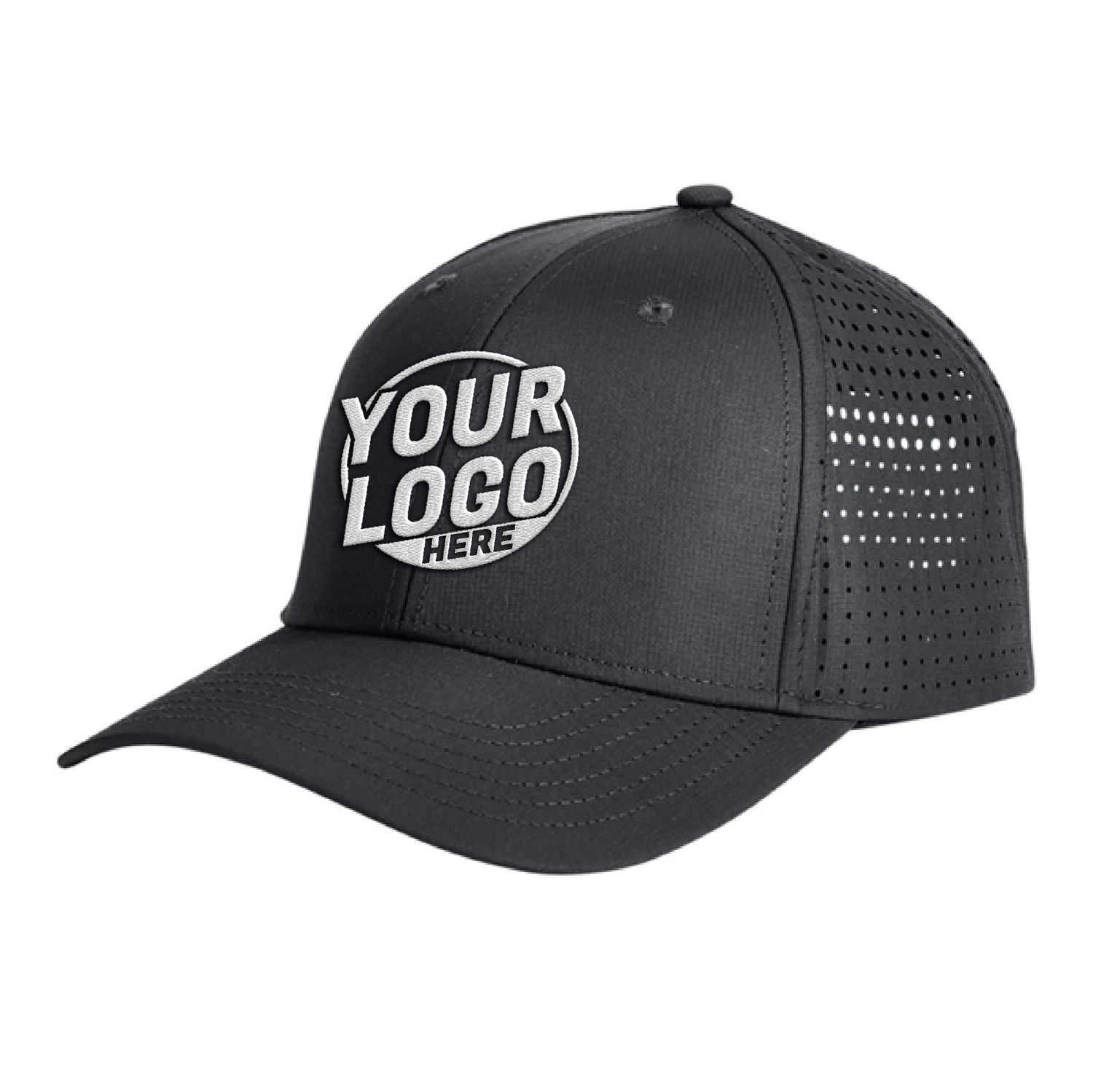 BA537 Baseball 6 Panel Mid Profile Structured 100% Polyester Perforated Black Hat 00632