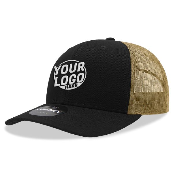 6021 Classic Trucker 6 Panel Mid Profile Structured Cotton / Poly Snap Back Trucker Black Vegas Gold Hat 00298