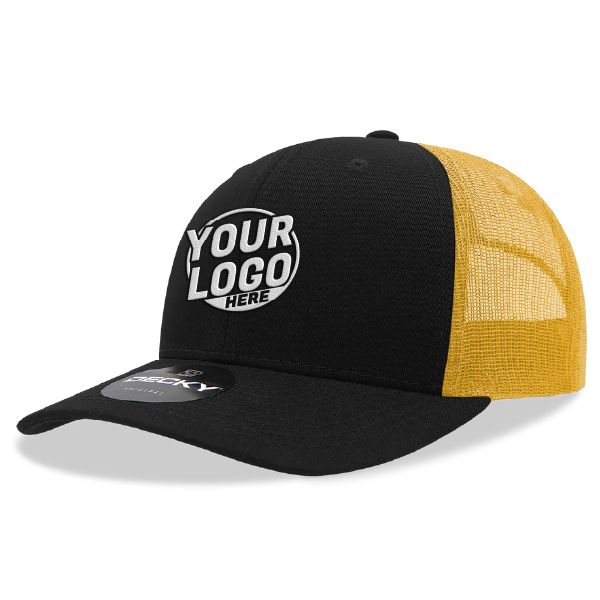 6021 Classic Trucker 6 Panel Mid Profile Structured Cotton / Poly Snap Back Trucker Black Gold Hat 00296